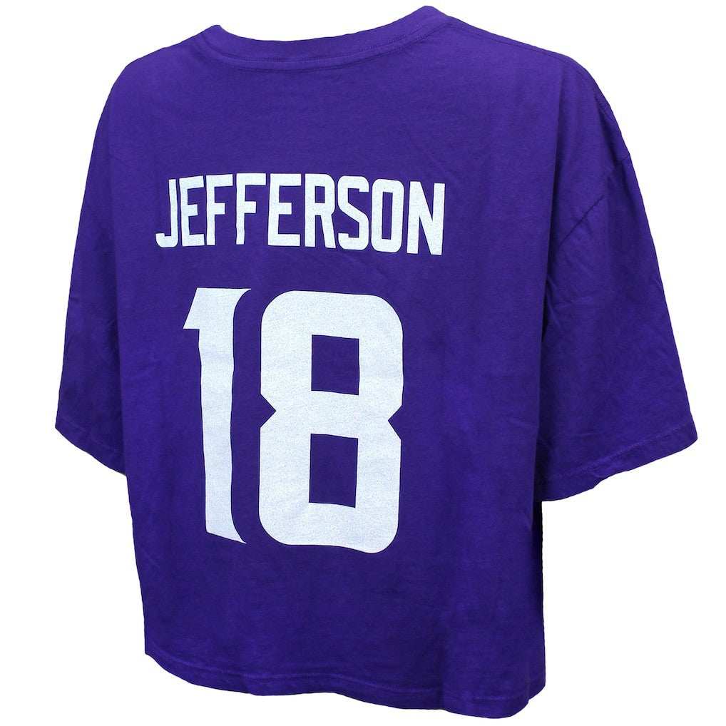 Justin Jefferson Minnesota Vikings Majestic Threads Women's Swarovski Crystals Boxy Cropped Name & Number T-Shirt Purple