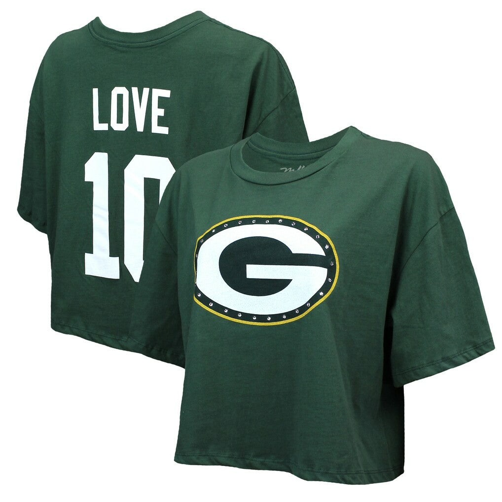 Jordan Love Green Bay Packers Majestic Threads Women's Swarovski Crystals Boxy Cropped Name & Number T-Shirt Green