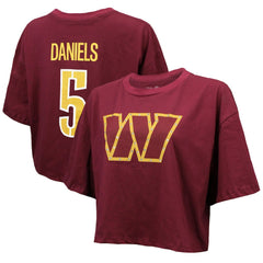 Jayden Daniels Washington Commanders Majestic Threads Women's Swarovski Crystals Boxy Cropped Name & Number T-Shirt Burgundy