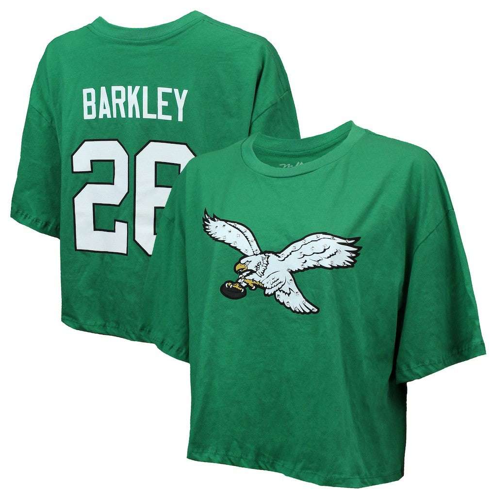 Saquon Barkley Philadelphia Eagles Majestic Threads Women's Swarovski Crystals Boxy Cropped Name & Number T-Shirt Kelly Green