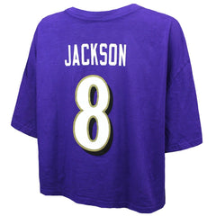 Lamar Jackson Baltimore Ravens Majestic Threads Women's Swarovski Crystals Boxy Cropped Name & Number T-Shirt Purple