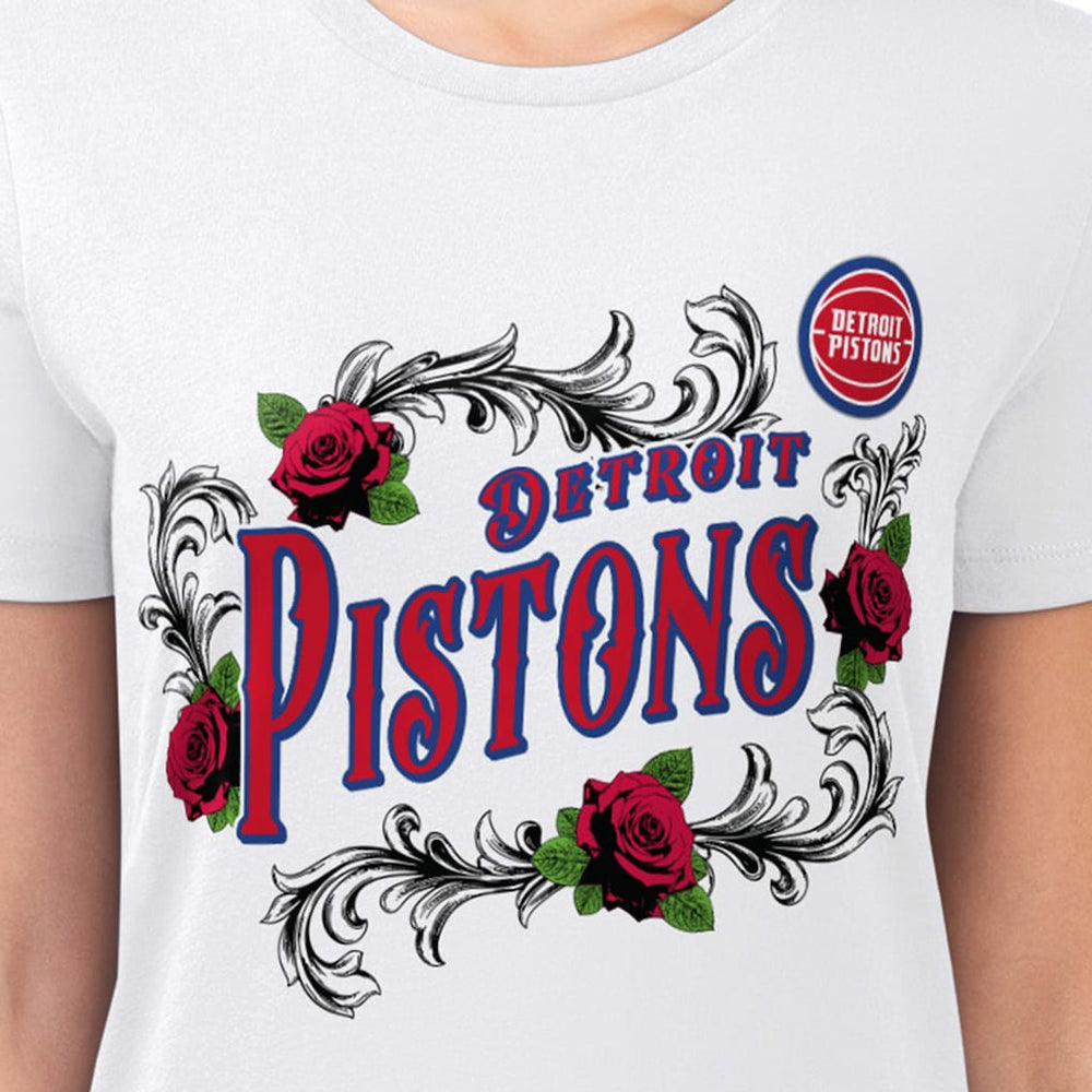 Detroit Pistons G-III 4Her by Carl Banks Women's Super-Slim Fit Lightweight Roses Crew Neck T-Shirt White