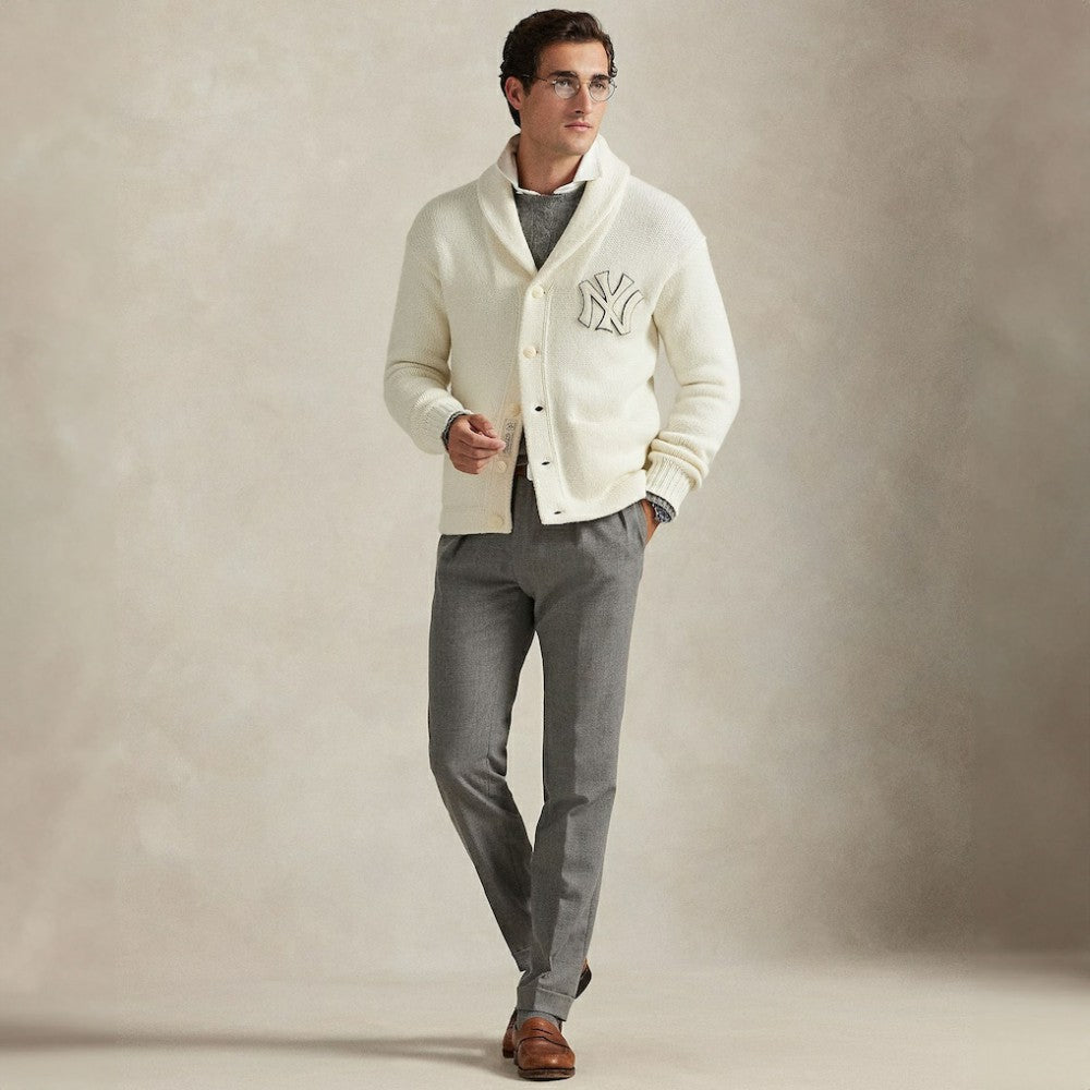 New York Yankees Polo Ralph Lauren Wool Shawl Button-Up Cardigan - Cream