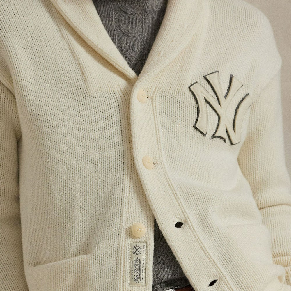 New York Yankees Polo Ralph Lauren Wool Shawl Button-Up Cardigan - Cream