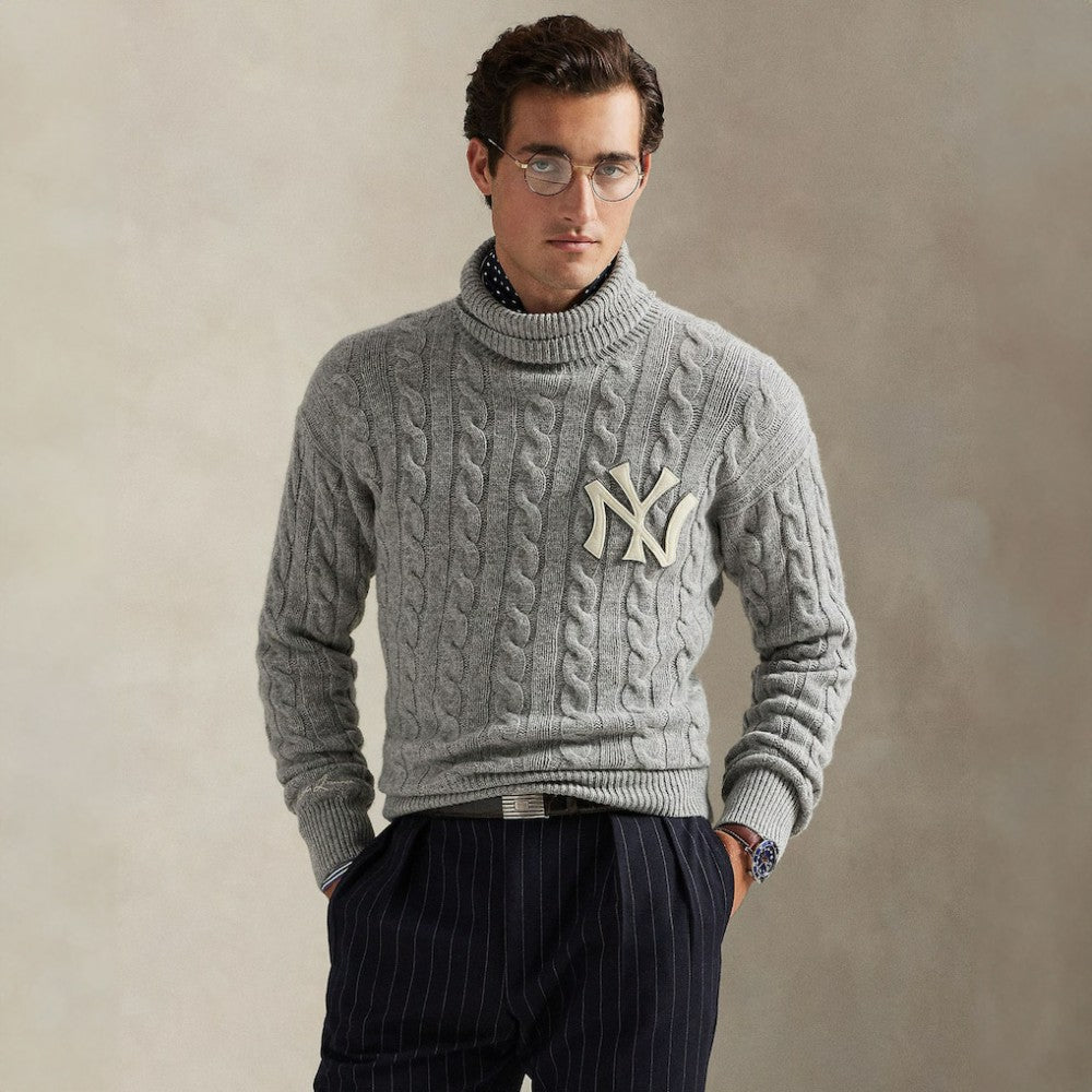 New York Yankees Polo Ralph Lauren Wool Turtleneck Sweater - Heather Gray