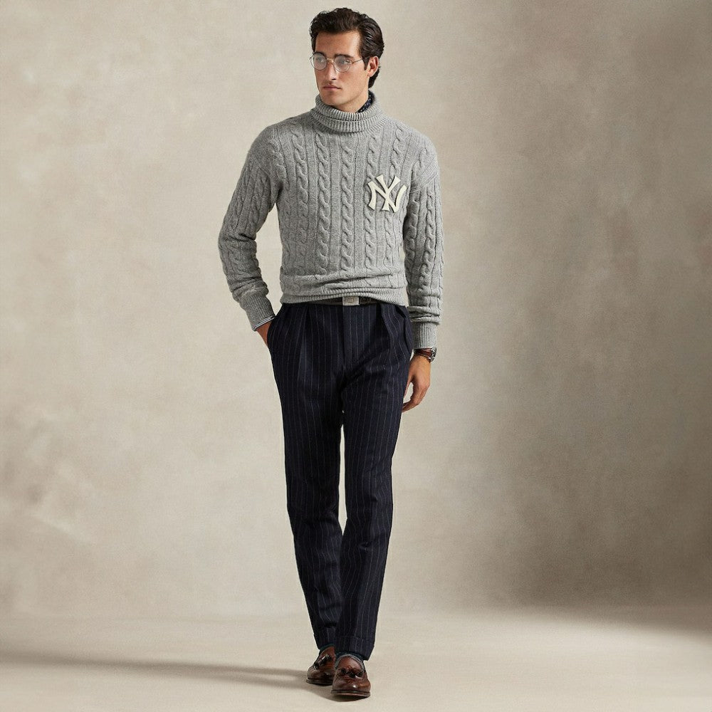 New York Yankees Polo Ralph Lauren Wool Turtleneck Sweater - Heather Gray