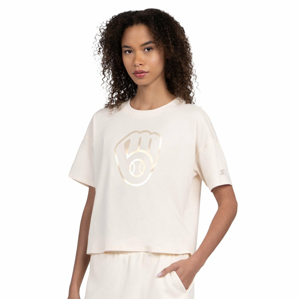 Milwaukee Brewers Starter Women's Pastels Boxy Cropped T-Shirt - Cream T-shirts