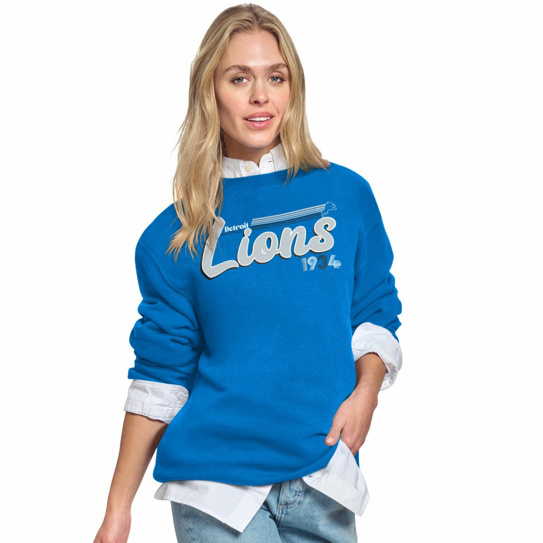 Detroit Lions Starter Women's Groovy Script Fleece Crewneck Sweatshirt Blue