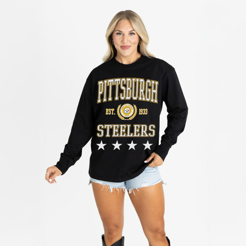 Pittsburgh Steelers Gameday Couture Women's Oversized Everyday Star Long Sleeve T-Shirt Black