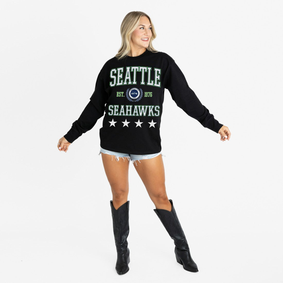 Seattle Seahawks Gameday Couture Women's Oversized Everyday Star Long Sleeve T-Shirt Black
