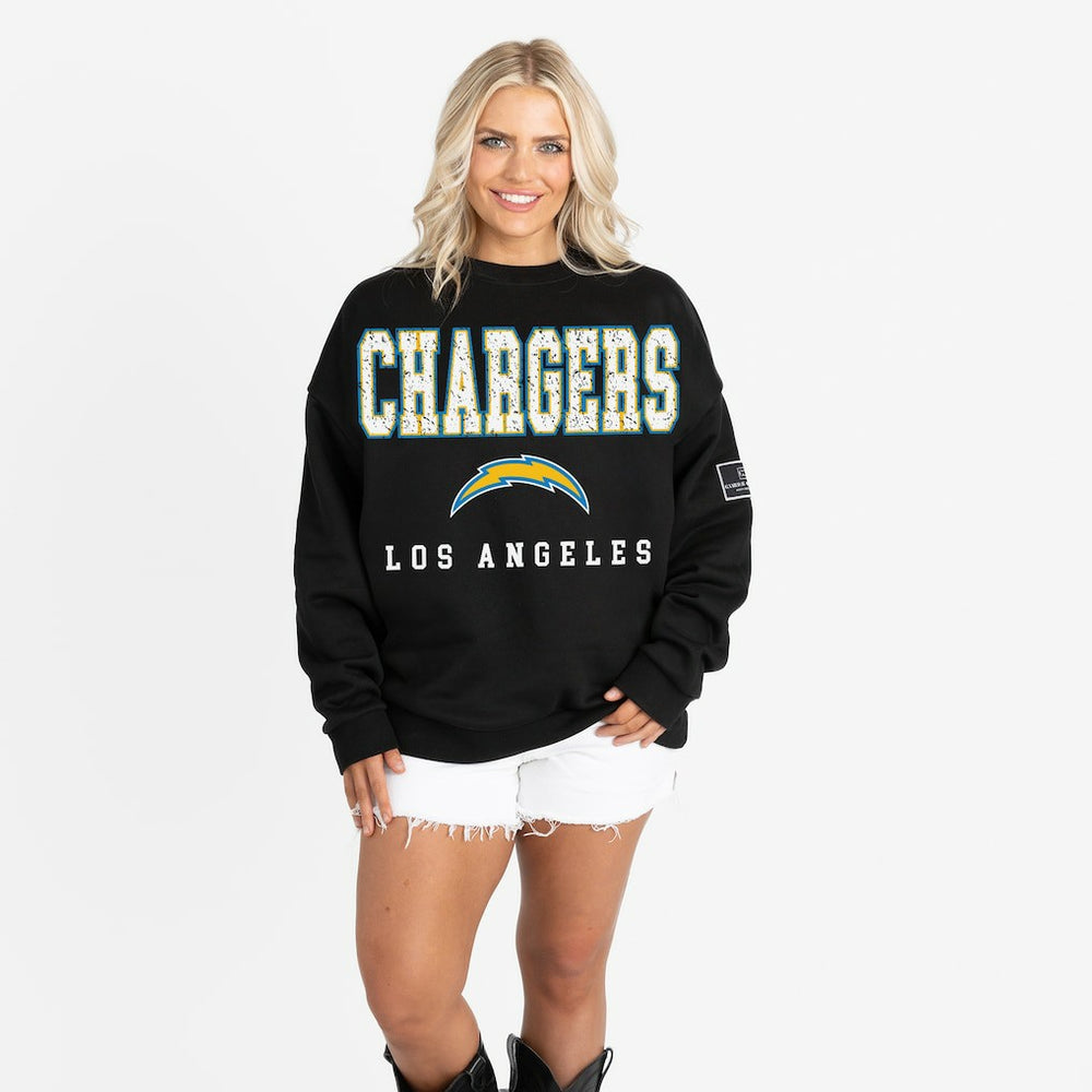 Los Angeles Chargers Gameday Couture Women's Oversized Level Up Black Label Premium Fleece Sweatshirt Black