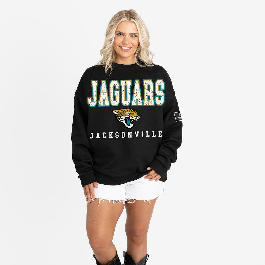 Jacksonville Jaguars Gameday Couture Women's Oversized Level Up Black Label Premium Fleece Sweatshirt Black