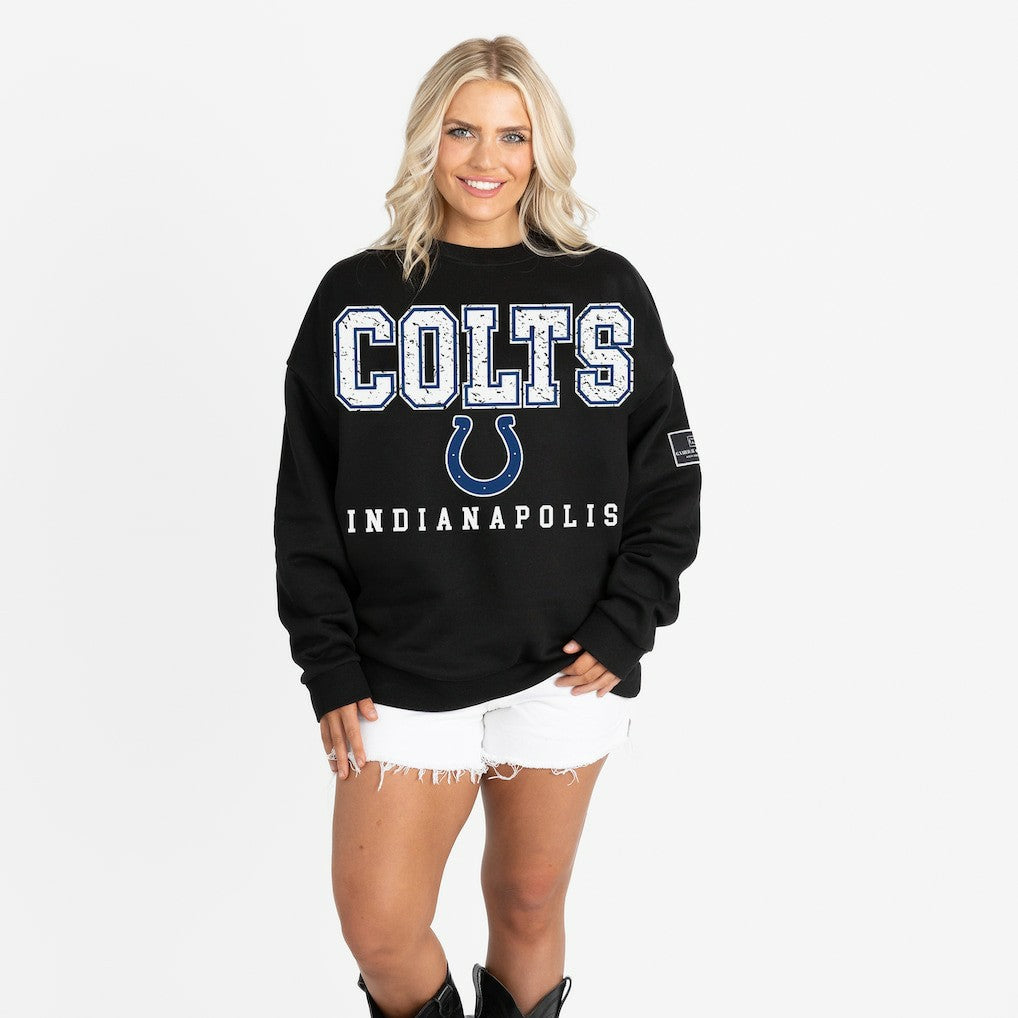 Indianapolis Colts Gameday Couture Women's Oversized Level Up Black Label Premium Fleece Sweatshirt Black
