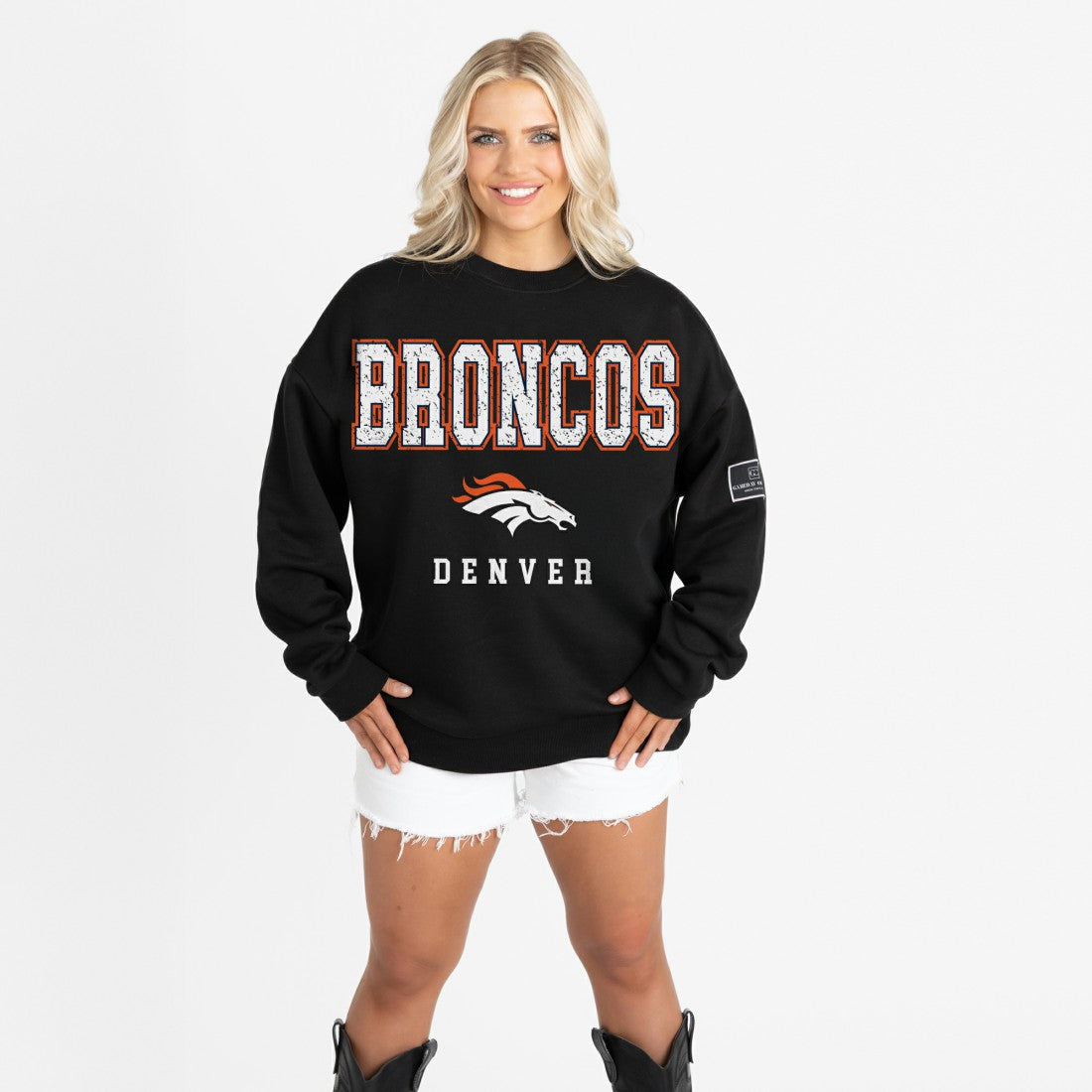 Denver Broncos Gameday Couture Women's Oversized Level Up Black Label Premium Fleece Sweatshirt Black