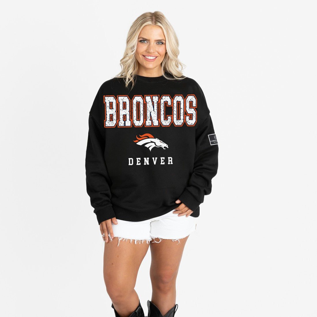 Denver Broncos Gameday Couture Women's Oversized Level Up Black Label Premium Fleece Sweatshirt Black