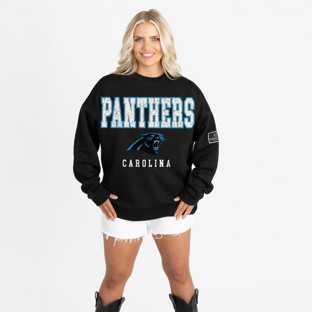 Carolina Panthers Gameday Couture Women's Oversized Level Up Black Label Premium Fleece Sweatshirt Black
