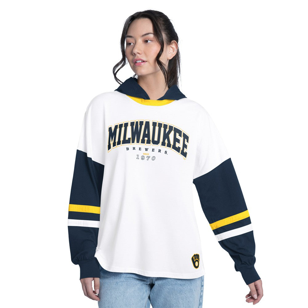 Milwaukee Brewers G-III 4Her by Carl Banks Women's Key Player Oversized Hooded Long Sleeve T-Shirt - White/Navy T-shirts