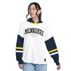 Milwaukee Brewers G-III 4Her by Carl Banks Women's Key Player Oversized Hooded Long Sleeve T-Shirt - White/Navy T-shirts