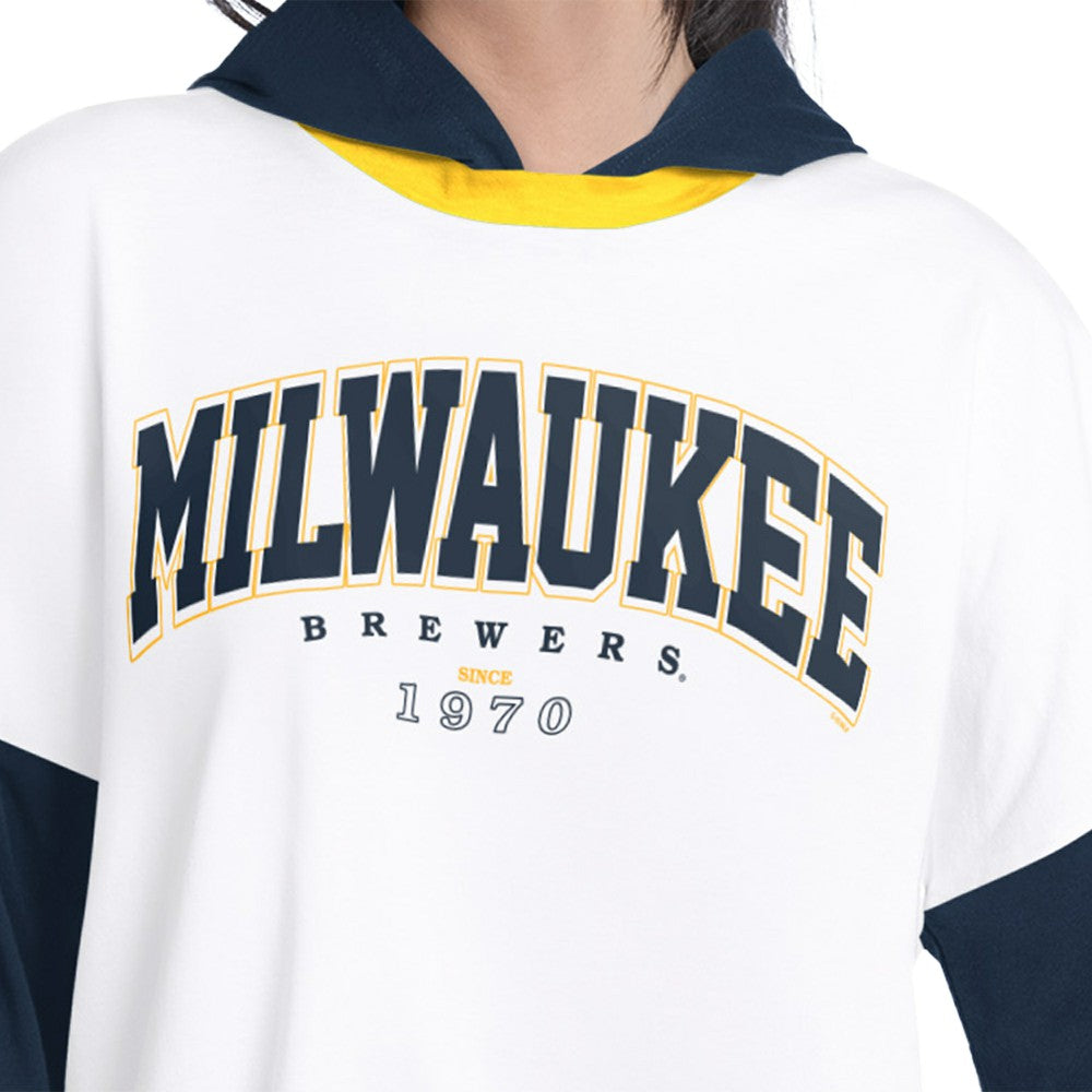 Milwaukee Brewers G-III 4Her by Carl Banks Women's Key Player Oversized Hooded Long Sleeve T-Shirt - White/Navy T-shirts