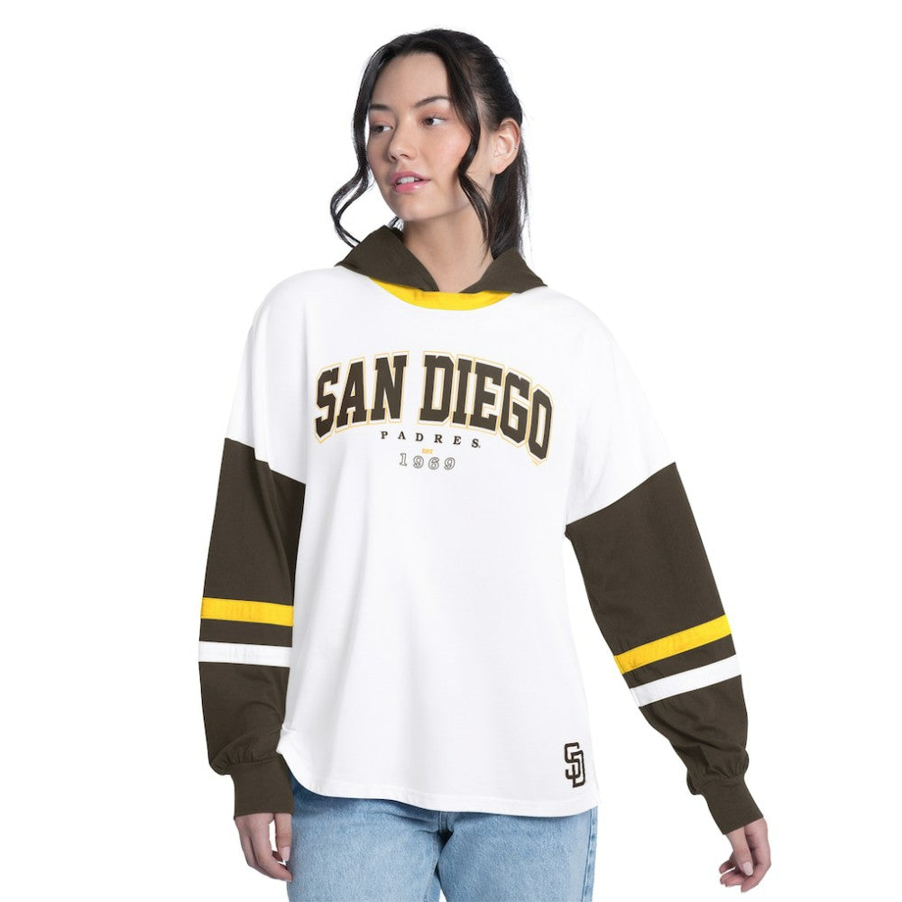 San Diego Padres G-III 4Her by Carl Banks Women's Key Player Oversized Hooded Long Sleeve T-Shirt - White/Brown T-shirts