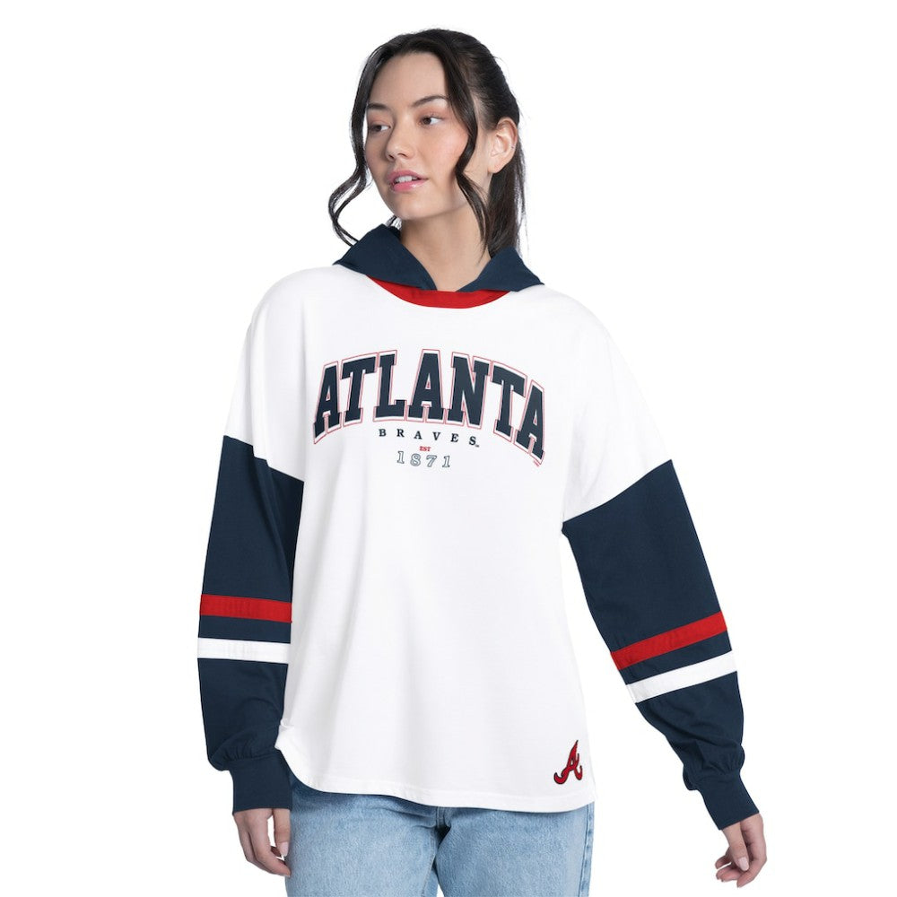 Atlanta Braves G-III 4Her by Carl Banks Women's Key Player Oversized Hooded Long Sleeve T-Shirt - White/Navy T-shirts