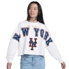 New York Mets G-III 4Her by Carl Banks Women's Bleachers Cropped Pullover Sweatshirt - White Pullover
