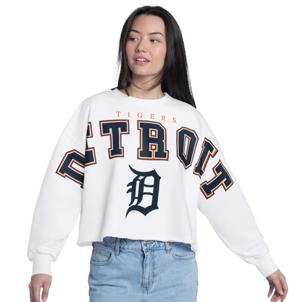 Detroit Tigers G-III 4Her by Carl Banks Women's Bleachers Cropped Pullover Sweatshirt - White Pullover