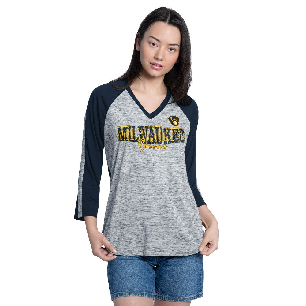 Milwaukee Brewers G-III 4Her by Carl Banks Women's Speed Training 3/4-Sleeve Rhinestone V-Neck T-Shirt - Navy/Heather Navy T-shirts