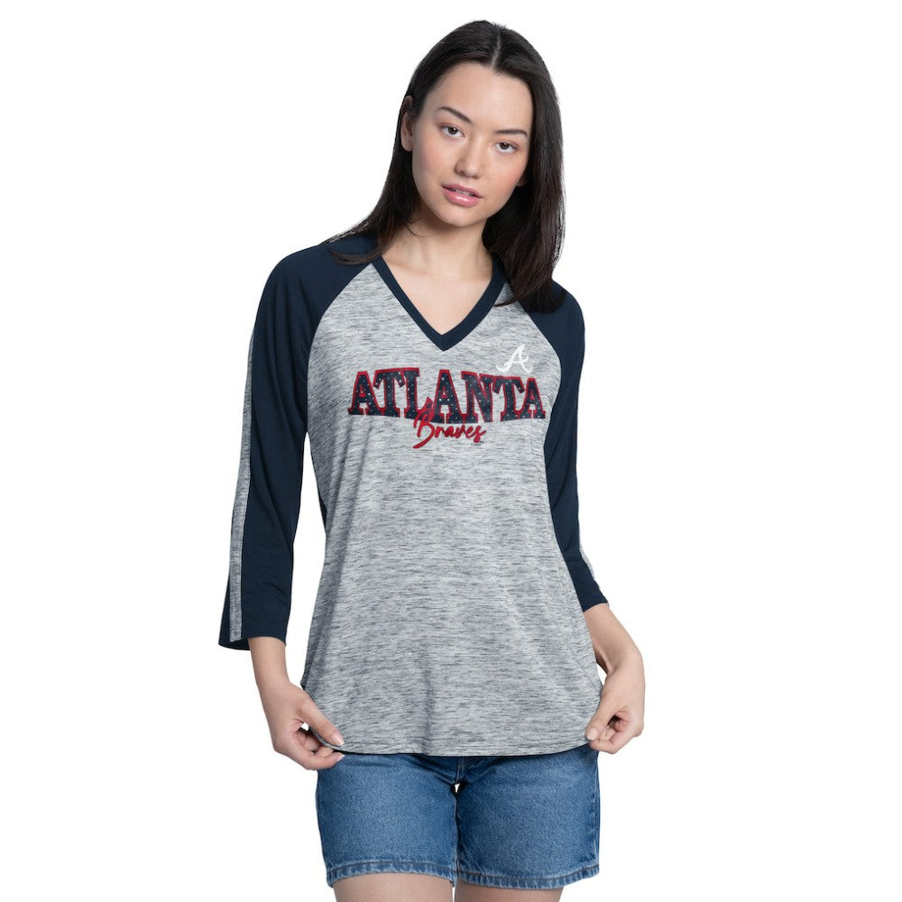 Atlanta Braves G-III 4Her by Carl Banks Women's Speed Training 3/4-Sleeve Rhinestone V-Neck T-Shirt - Navy/Heather Navy T-shirts