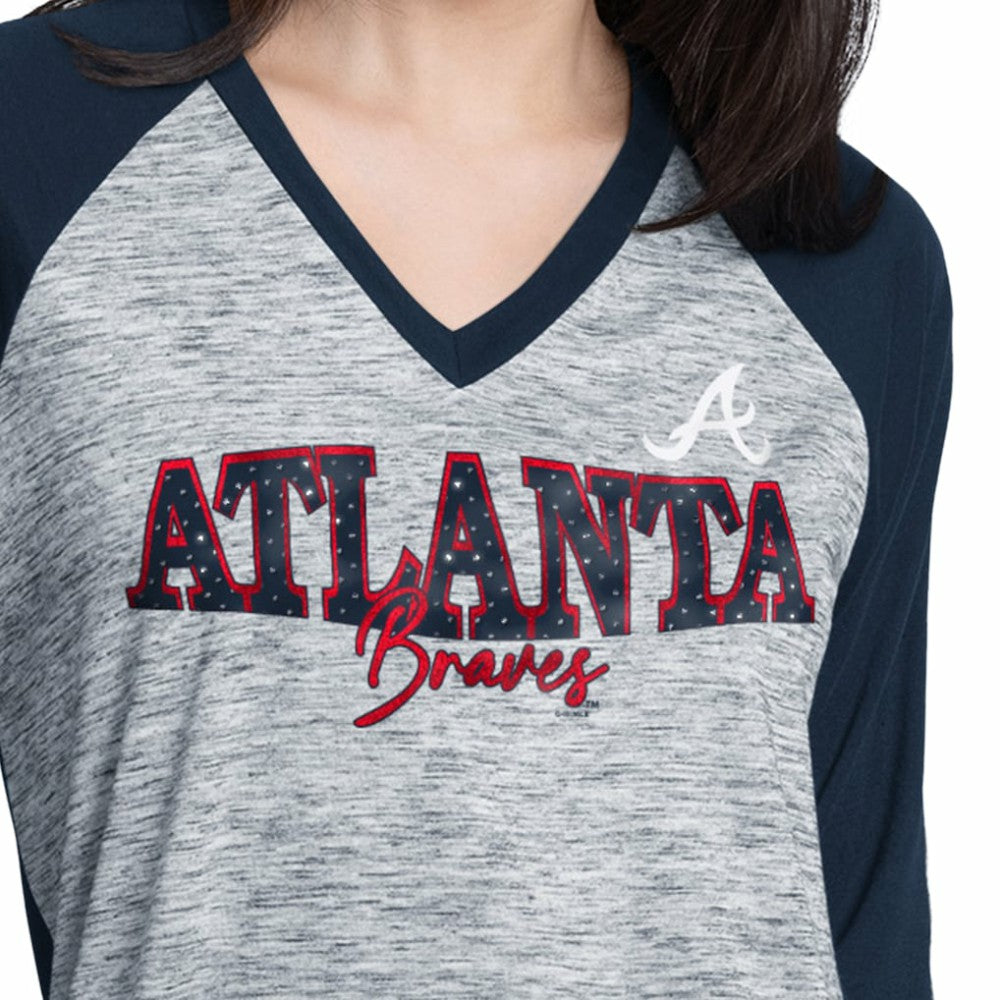 Atlanta Braves G-III 4Her by Carl Banks Women's Speed Training 3/4-Sleeve Rhinestone V-Neck T-Shirt - Navy/Heather Navy T-shirts