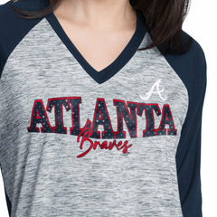 Atlanta Braves G-III 4Her by Carl Banks Women's Speed Training 3/4-Sleeve Rhinestone V-Neck T-Shirt - Navy/Heather Navy T-shirts