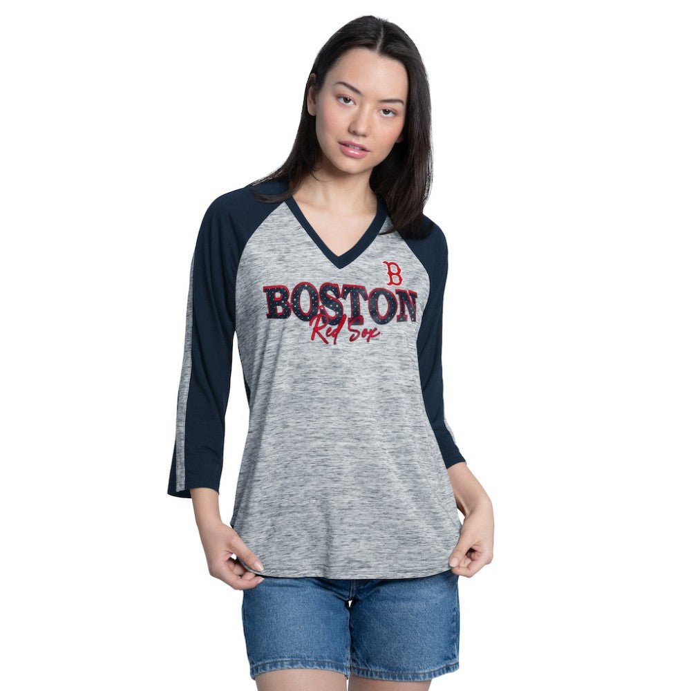 Boston Red Sox G-III 4Her by Carl Banks Women's Speed Training 3/4-Sleeve Rhinestone V-Neck T-Shirt - Navy/Heather Navy T-shirts