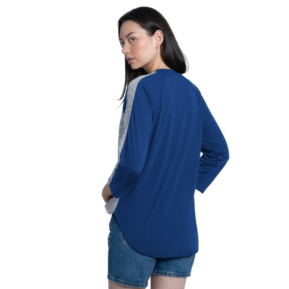 Los Angeles Dodgers G-III 4Her by Carl Banks Women's Speed Training 3/4-Sleeve Rhinestone V-Neck T-Shirt - Royal/Heather Royal T-shirts
