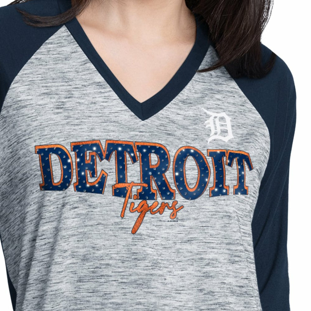 Detroit Tigers G-III 4Her by Carl Banks Women's Speed Training 3/4-Sleeve Rhinestone V-Neck T-Shirt - Navy/Heather Navy T-shirts