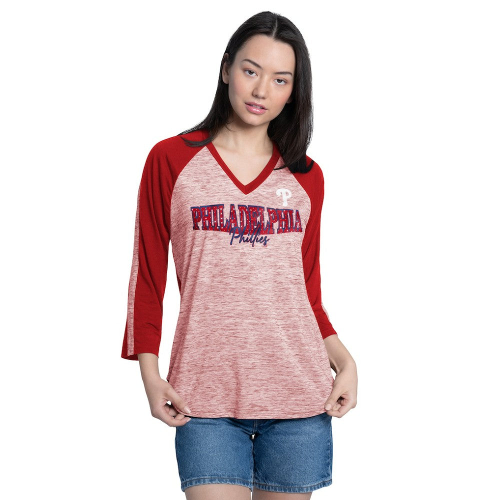 Philadelphia Phillies G-III 4Her by Carl Banks Women's Speed Training 3/4-Sleeve Rhinestone V-Neck T-Shirt - Red/Heather Red T-shirts