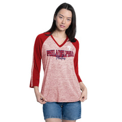 Philadelphia Phillies G-III 4Her by Carl Banks Women's Speed Training 3/4-Sleeve Rhinestone V-Neck T-Shirt - Red/Heather Red T-shirts