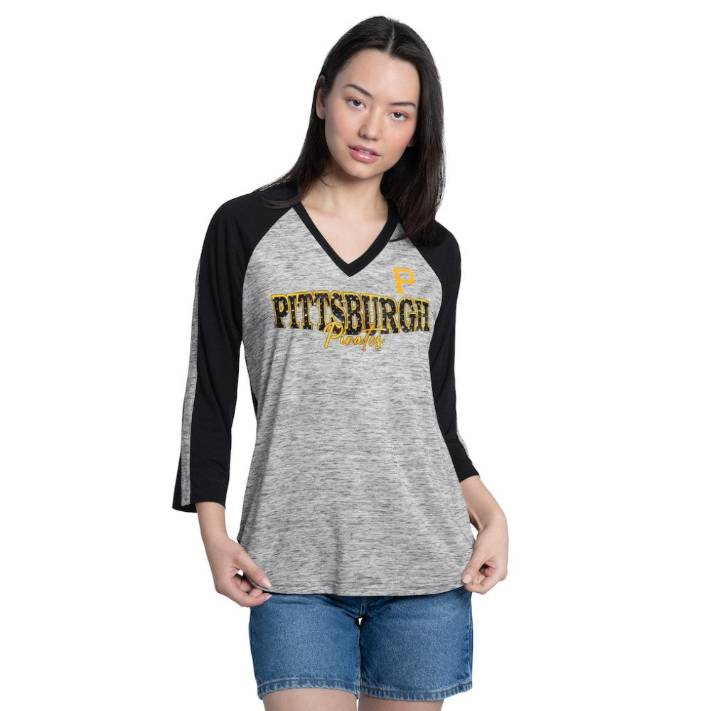 Pittsburgh Pirates G-III 4Her by Carl Banks Women's Speed Training 3/4-Sleeve Rhinestone V-Neck T-Shirt - Black/Heather Black T-shirts