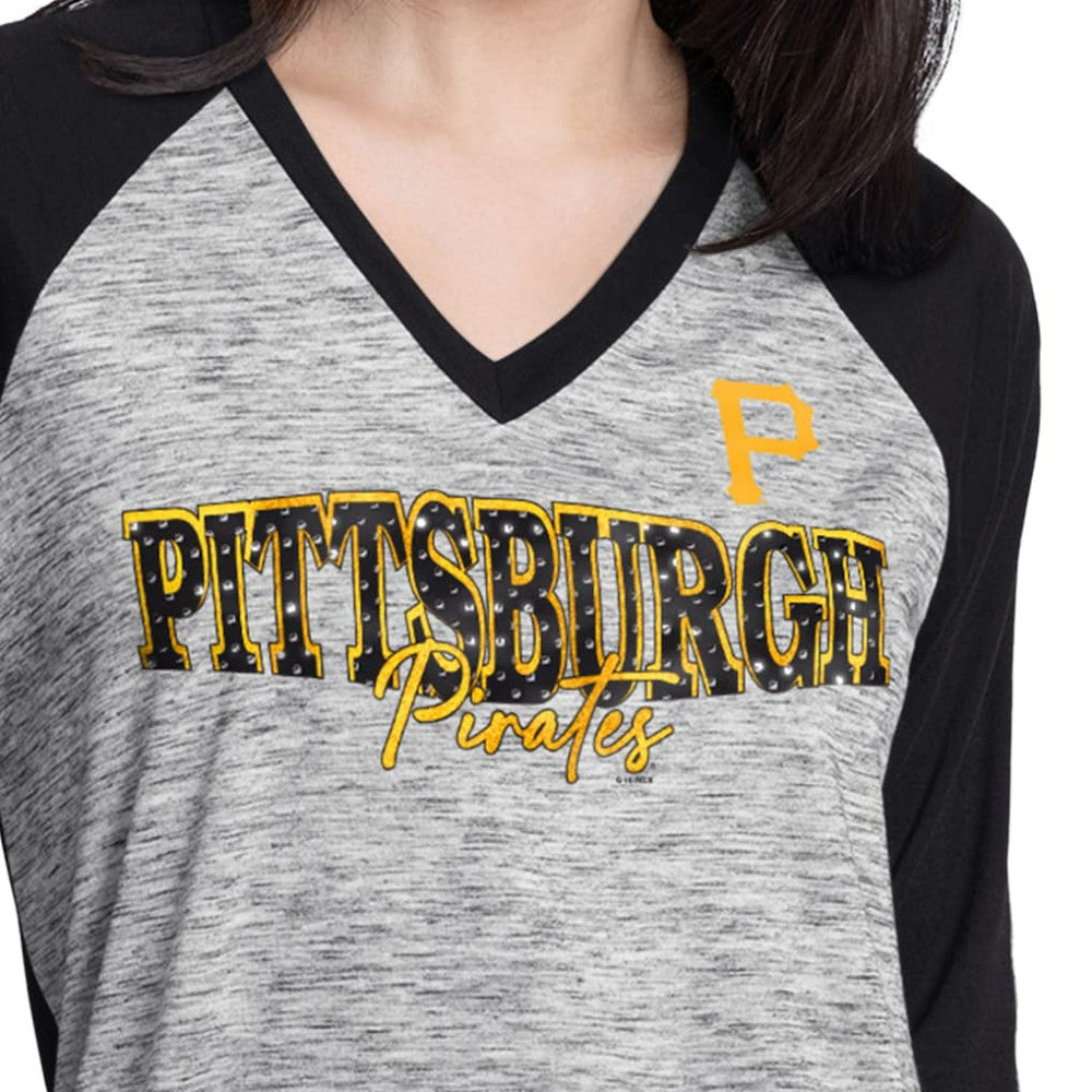 Pittsburgh Pirates G-III 4Her by Carl Banks Women's Speed Training 3/4-Sleeve Rhinestone V-Neck T-Shirt - Black/Heather Black T-shirts