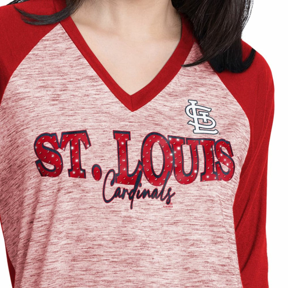 St. Louis Cardinals G-III 4Her by Carl Banks Women's Speed Training 3/4-Sleeve Rhinestone V-Neck T-Shirt - Red/Heather Red T-shirts