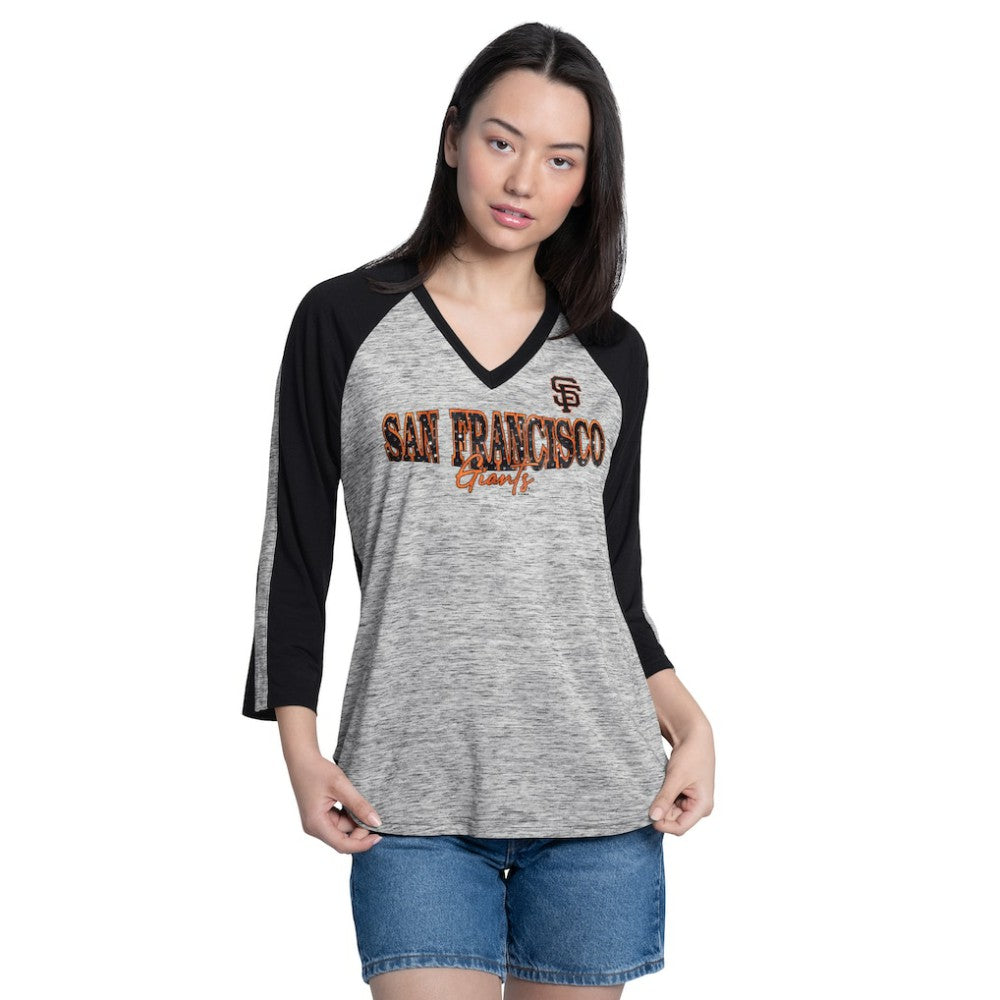 San Francisco Giants G-III 4Her by Carl Banks Women's Speed Training 3/4-Sleeve Rhinestone V-Neck T-Shirt - Black/Heather Black T-shirts