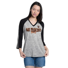 San Francisco Giants G-III 4Her by Carl Banks Women's Speed Training 3/4-Sleeve Rhinestone V-Neck T-Shirt - Black/Heather Black T-shirts
