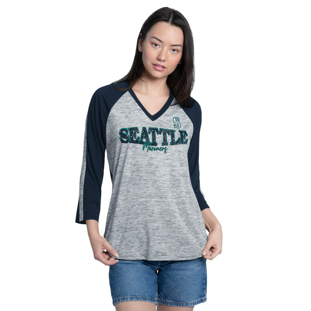 Seattle Mariners G-III 4Her by Carl Banks Women's Speed Training 3/4-Sleeve Rhinestone V-Neck T-Shirt - Navy/Heather Navy T-shirts