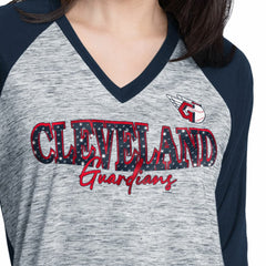 Cleveland Guardians G-III 4Her by Carl Banks Women's Speed Training 3/4-Sleeve Rhinestone V-Neck T-Shirt - Navy/Heather Navy T-shirts