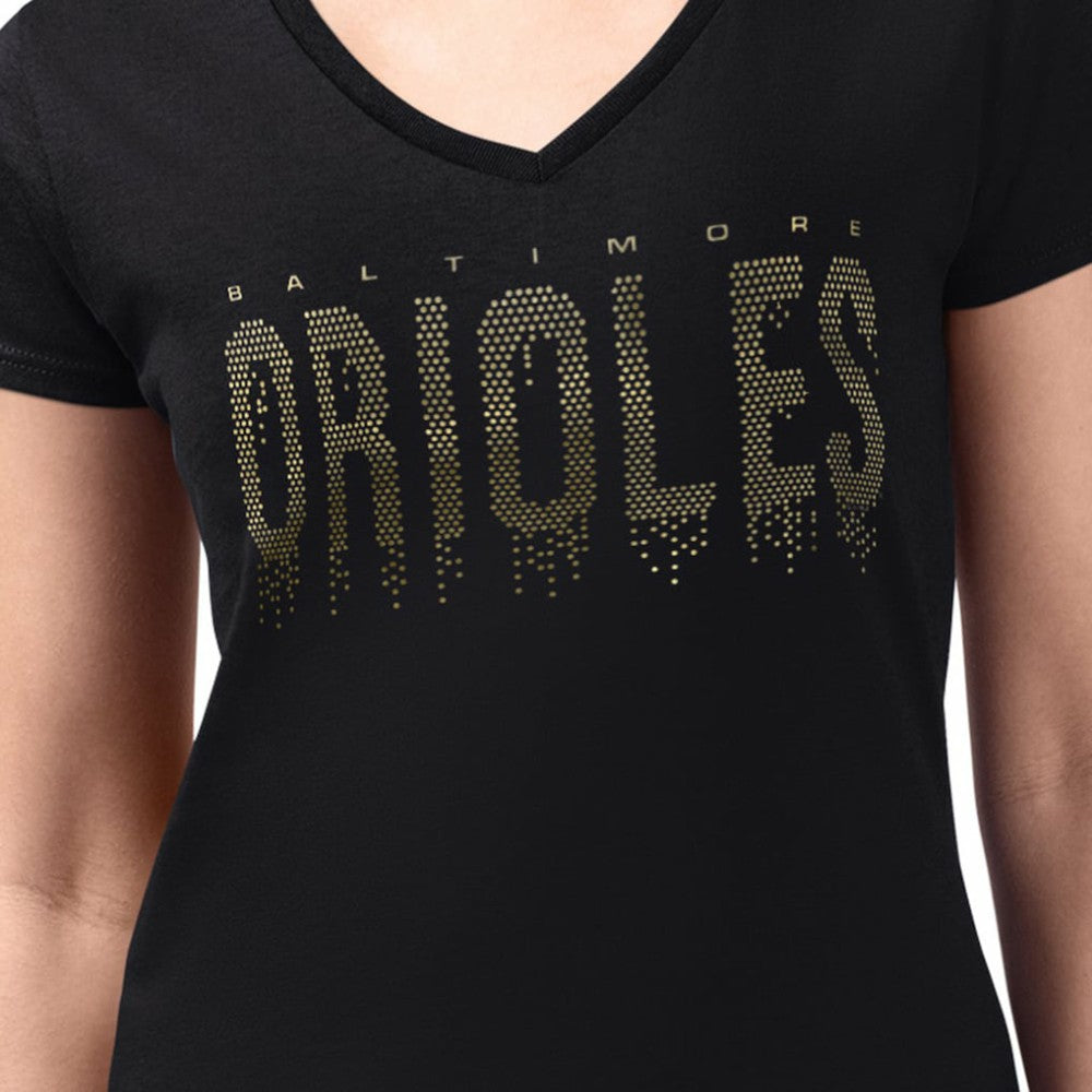 Baltimore Orioles G-III 4Her by Carl Banks Women's Metallic Drop Lightweight V-Neck T-Shirt - Black T-shirts