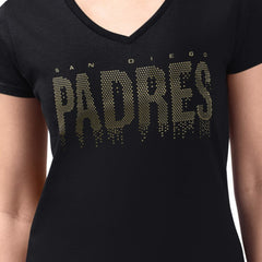 San Diego Padres G-III 4Her by Carl Banks Women's Metallic Drop Lightweight V-Neck T-Shirt - Black T-shirts