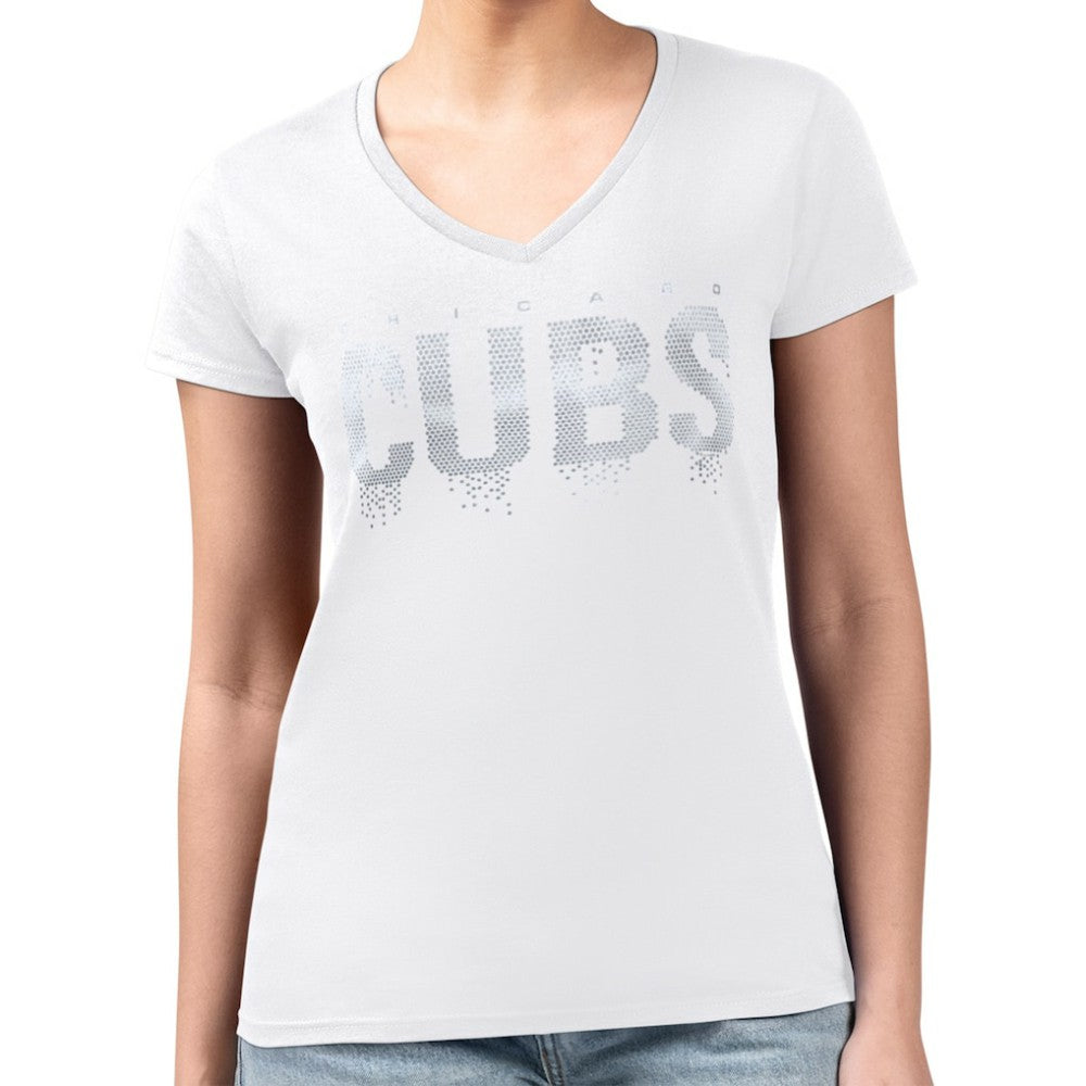 Chicago Cubs G-III 4Her by Carl Banks Women's Metallic Drop Lightweight V-Neck T-Shirt - White T-shirts