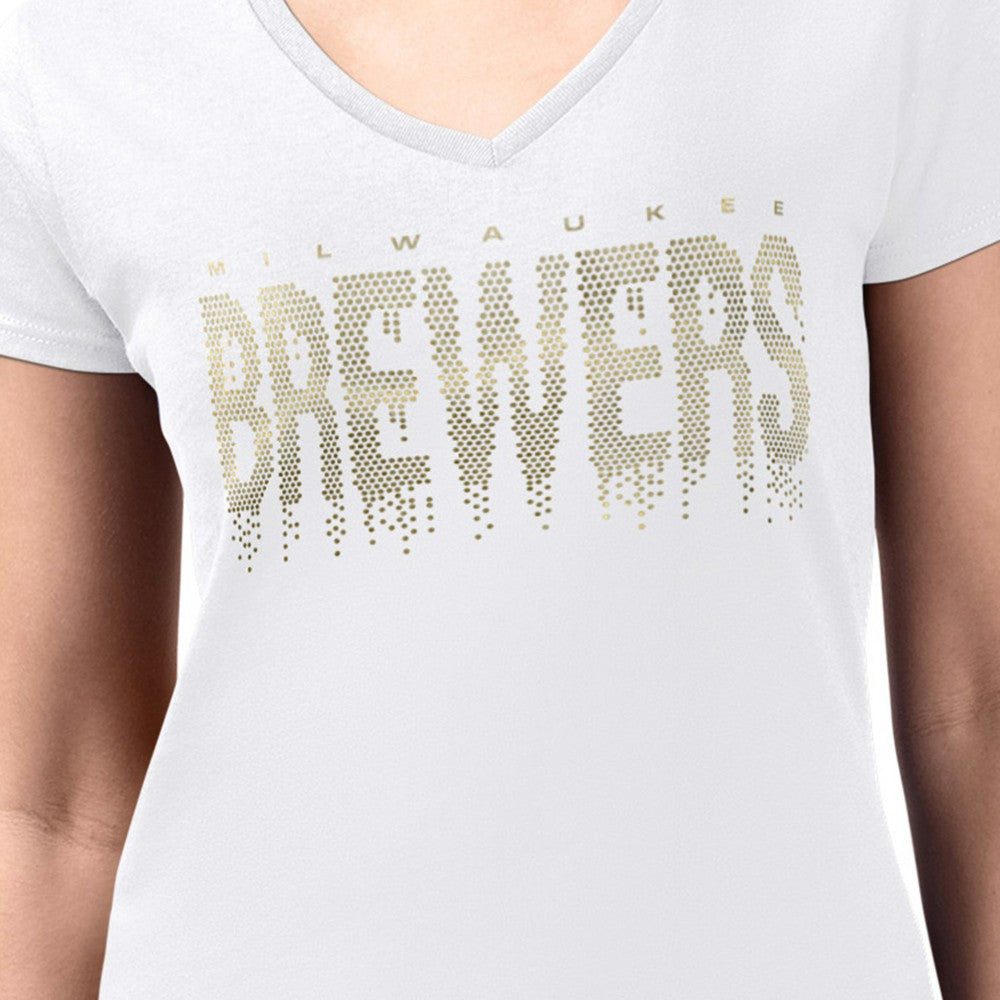 Milwaukee Brewers G-III 4Her by Carl Banks Women's Metallic Drop Lightweight V-Neck T-Shirt - White T-shirts