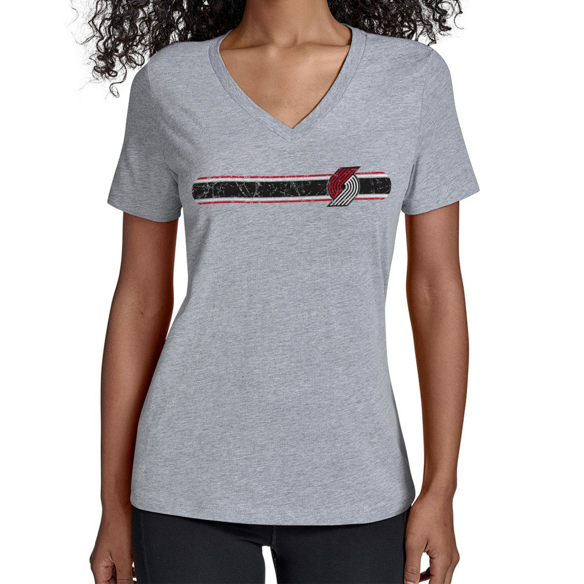 Portland Trail Blazers Starter Women's Team Stripe V-Neck T-Shirt Gray