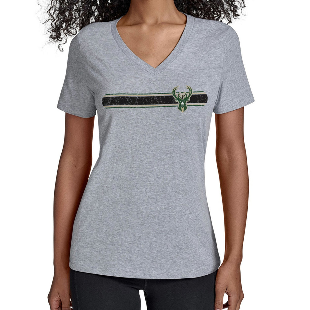 Milwaukee Bucks Starter Women's Team Stripe V-Neck T-Shirt Gray