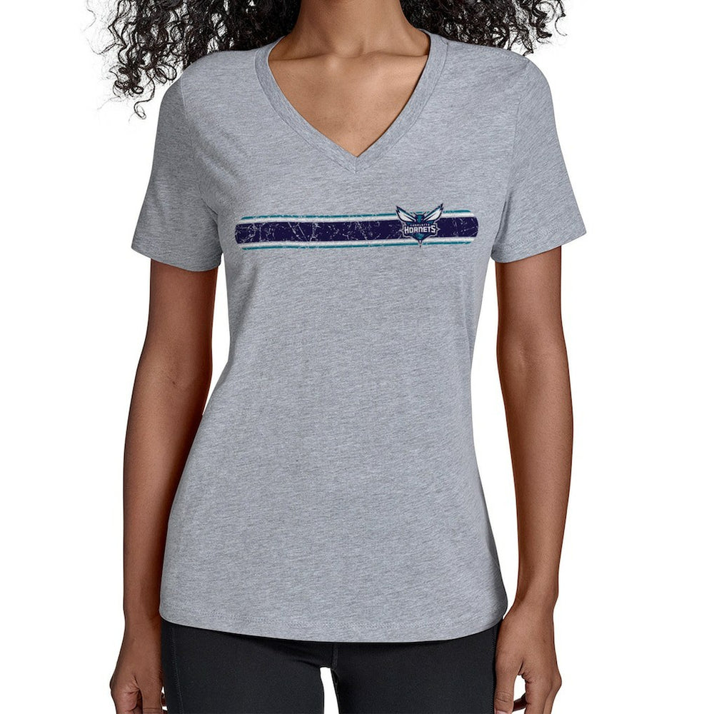 Charlotte Hornets Starter Women's Team Stripe V-Neck T-Shirt Gray